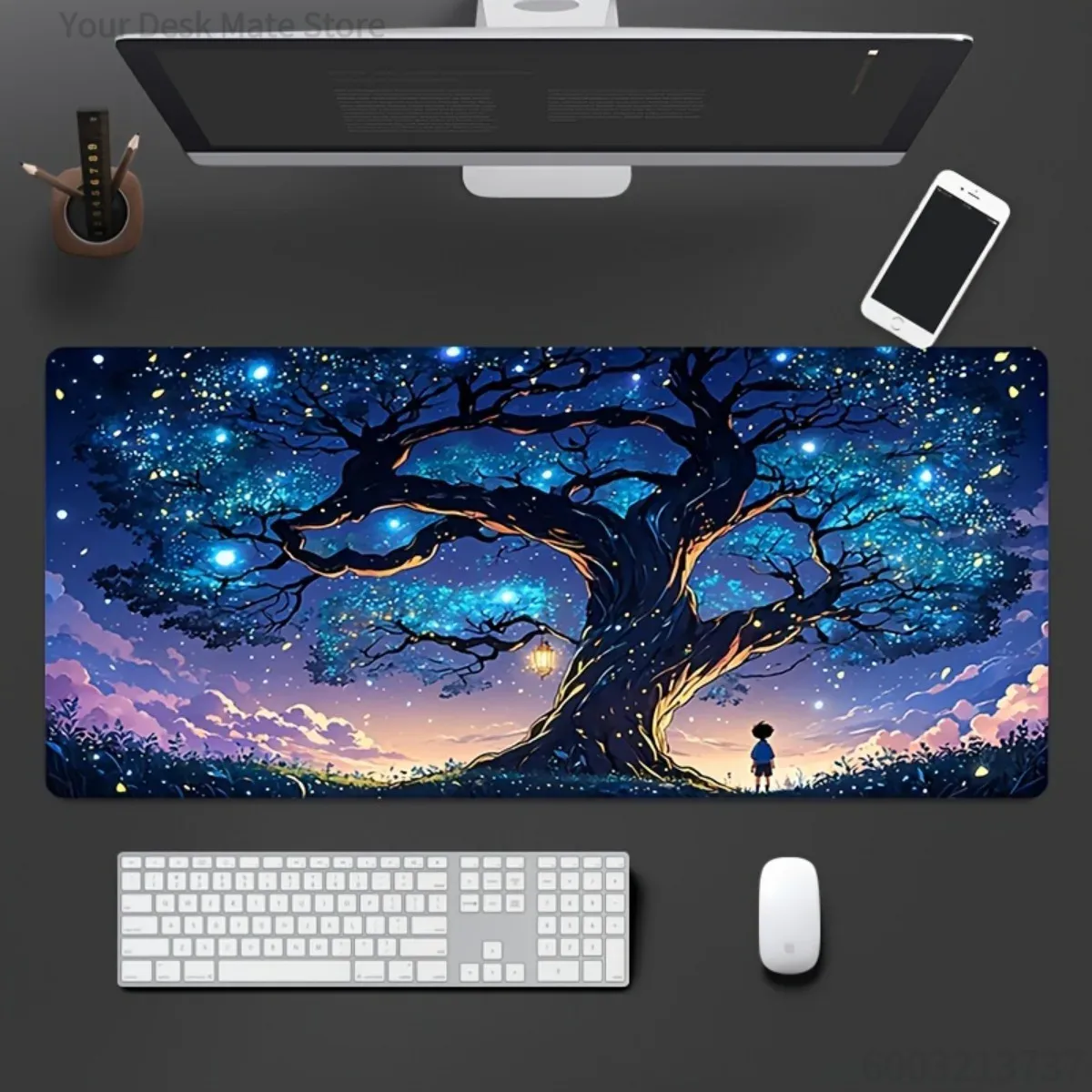 Office Tech Gifts - แผ่นรองโต๊ะเกมมิ่ง ยางกันลื่น คุณภาพสูง ลายท้องฟ้ายามค่ำคืน ดีไซน์ต้นไม้ ขอบเย็บอย่างดี